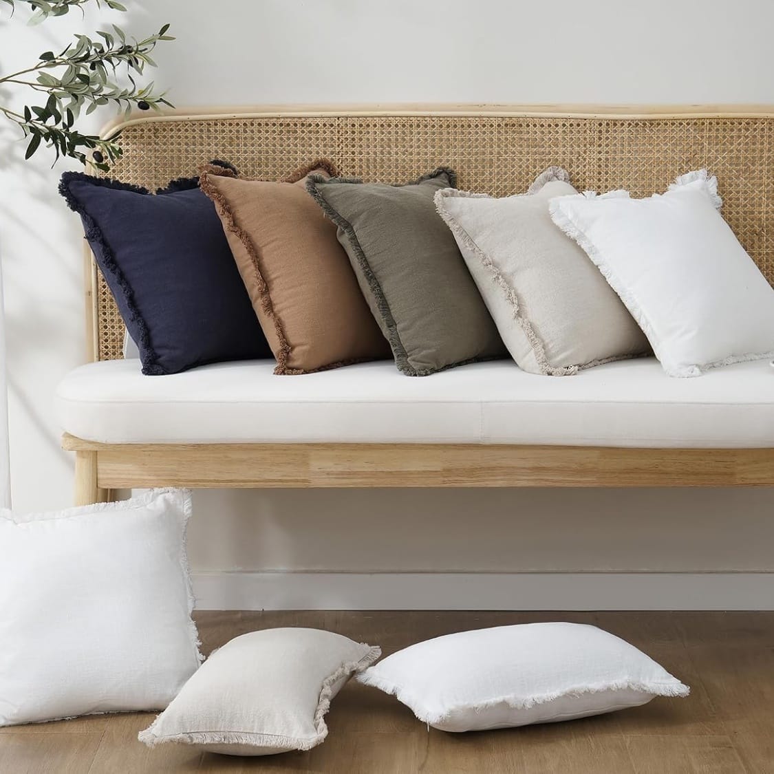 Home Decor Natural Beige Linen Fringe Throw Pillow Cover 18x18 | Boho Accent Cushion Case, Set of 2