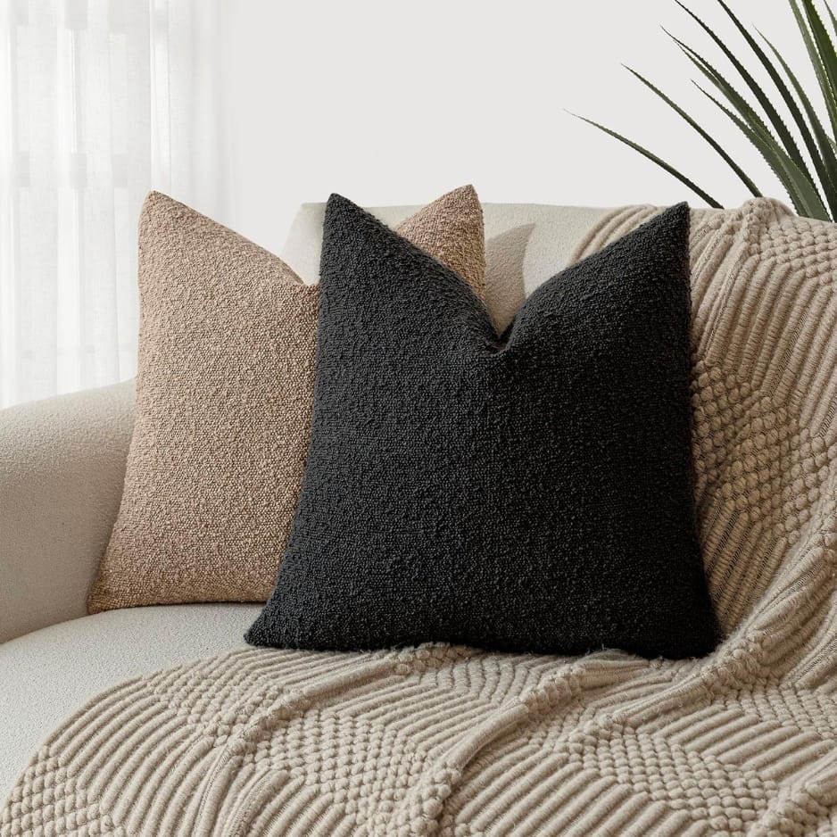 Home Decor Black Boucle Throw Pillow Cover 18x18 | Textured Accent Cushion Case for Modern Home Decor