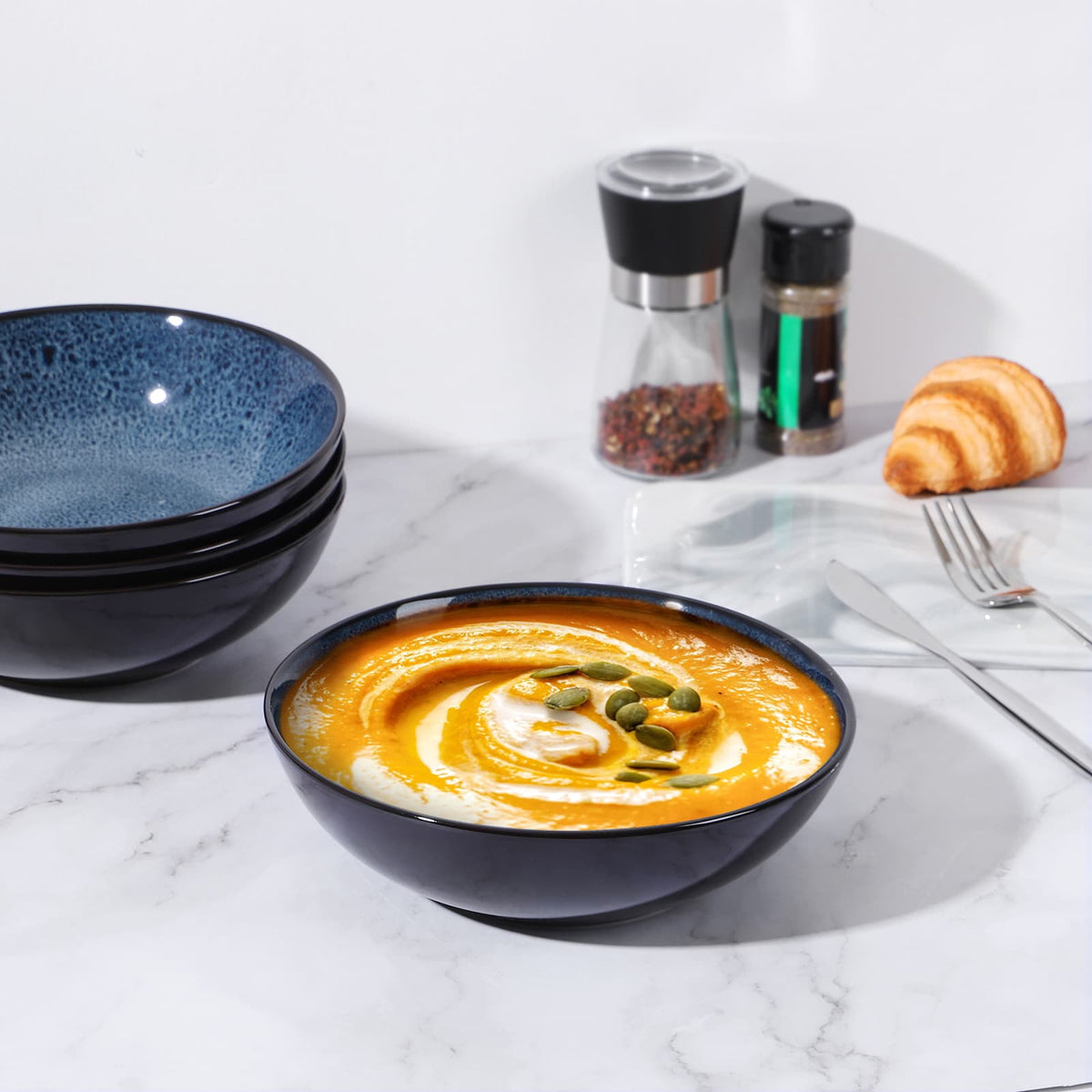 Kitchen & Dining Artisan Kiln-Glazed Peacock Blue Bowl Set | Set of 4 Ceramic Bowls for Everyday & Entertaining