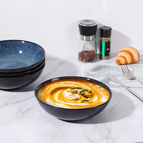 Kitchen & Dining Artisan Kiln-Glazed Peacock Blue Bowl Set | Set of 4 Ceramic Bowls for Everyday & Entertaining